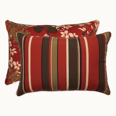 Reversible Red and Brown Floral Stripe Lumbar Pillow Set