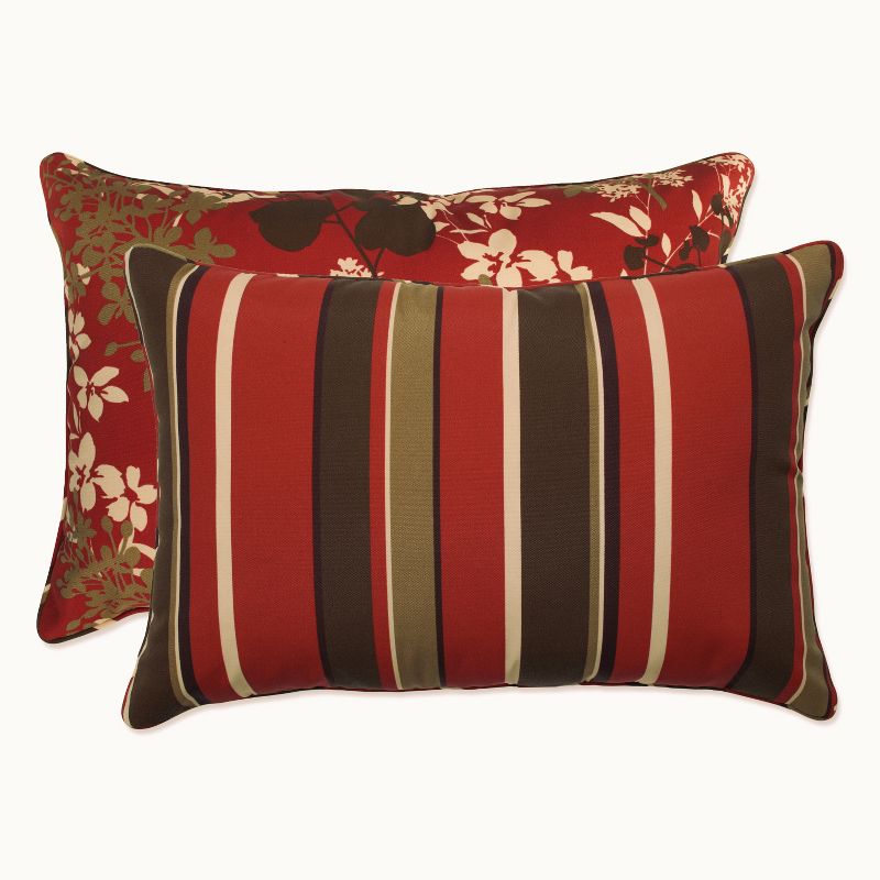 2-Piece Outdoor Reversible Toss Pillow Set - Brown/Red Floral/Stripe 24&#34; - Pillow Perfect, 3 of 10