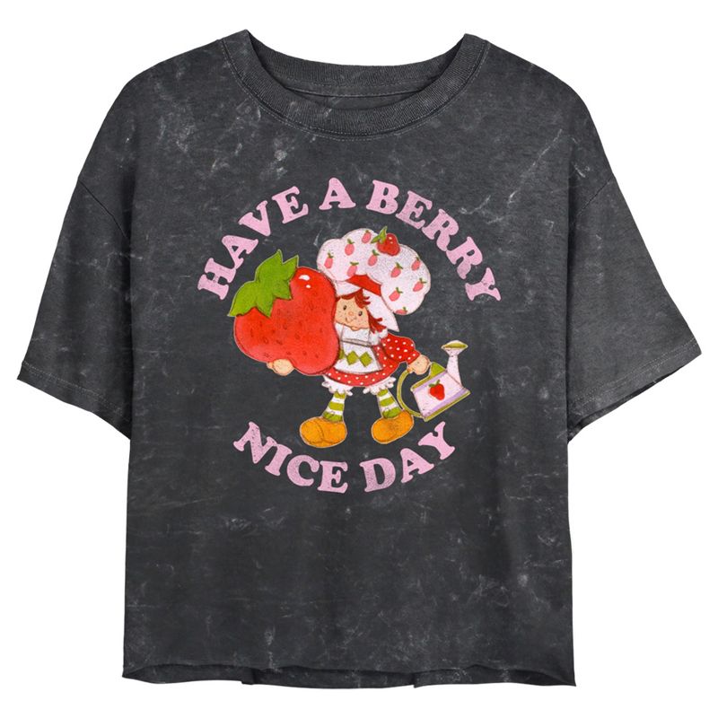 Juniors Womens Strawberry Shortcake Berry Nice Day Mineral Wash Crop T Shirt, 1 of 5