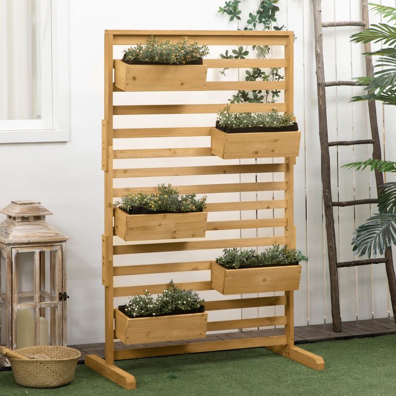 Outsunny Outdoor Plant Stand with 5 Hanging Flower Boxes and Slatted Trellis for Climbing Plants, Freestanding Wooden Lattice, Natural, 3 of 7