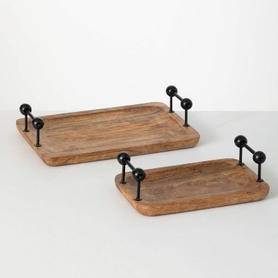 Sullivans Wooden Tray With Handles Set of 2, 15.75"L & 12"L Black