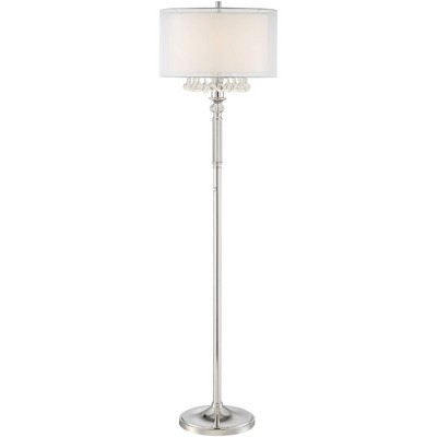 Possini Euro Design Modern Floor Lamp Polished Nickel Silver Organza White Linen Double Drum Shade Crystal Dangle for Living Room