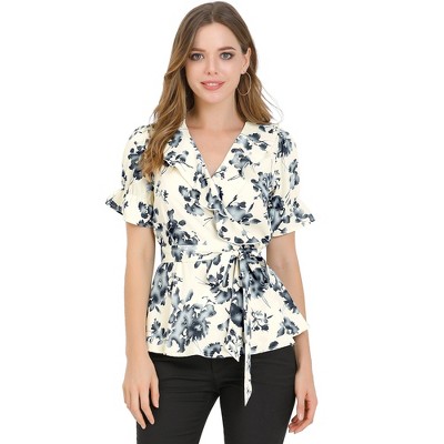 INSPIRE CHIC Women's Floral V Neck Tie Waist Short Sleeve Belted Ruffle Wrap Shirt