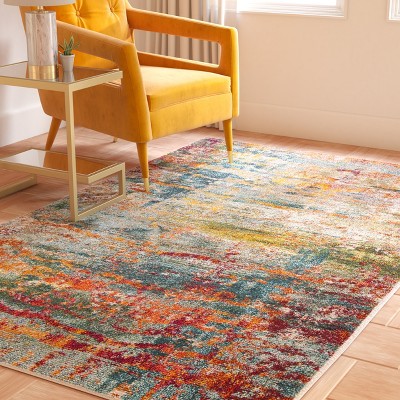 Teal and Orange Abstract Square Area Rug, 5'3" x 5'3"