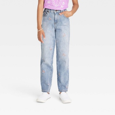 Girls' Floral Embroidered High-Rise Ankle Straight Jeans - Cat & Jack™