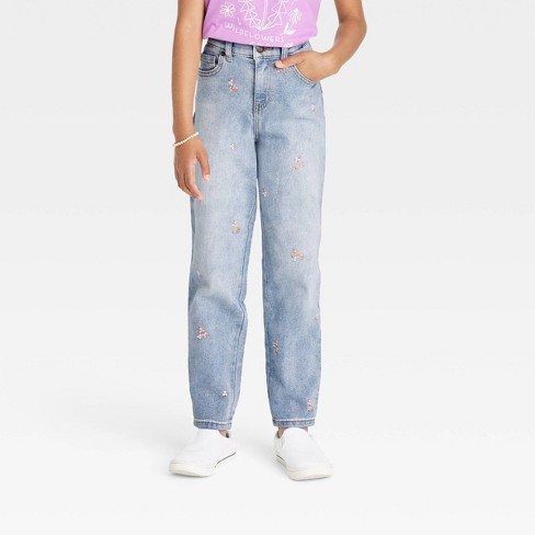 Girls' Floral Embroidered High-Rise Ankle Straight Jeans - Cat & Jack™  Medium Wash 4