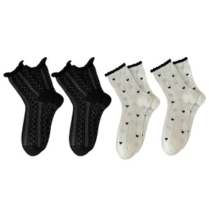 Anna-Kaci 4 Pairs Women's Crew Socks with Black and White Patterns Soft Cotton Texture Heart and Stripe for Flats and Dress Shoes - 1 of 4
