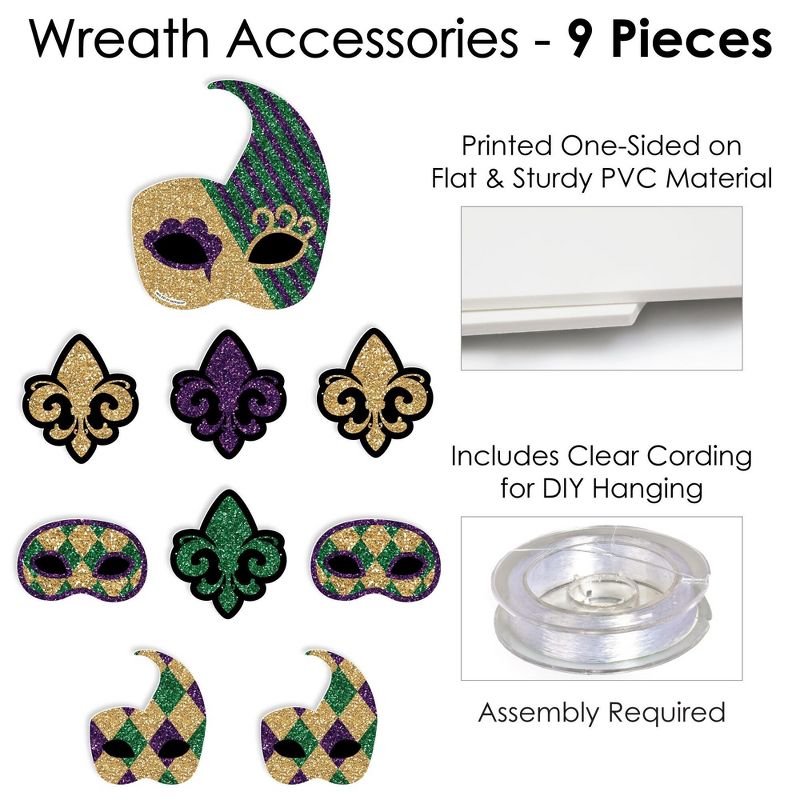 Big Dot of Happiness Mardi Gras - Masquerade Party Front Door Decorations - DIY Accessories for Wreaths - 9 Pc, 5 of 9