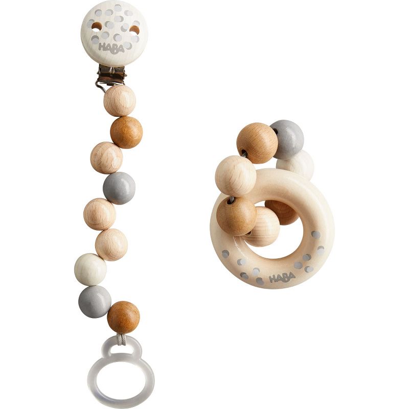 HABA Baby Gift Set Dots with Natural Wood Pacifier Chain and Clutching Toy, 1 of 5