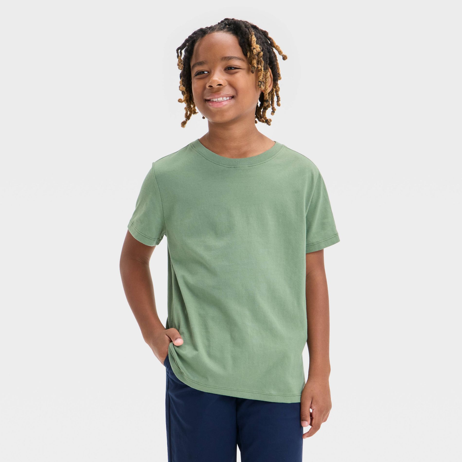 Boys' Short Sleeve T-Shirt - Cat & Jack™ Green L: Crew Neck, Pullover, Jersey Fabric