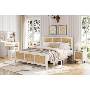 Platform Bed Frame with Cane Headboard, Boho Rattan Style, Strong Metal Slats, Noise-Free, No Box Spring Needed - 1 of 4