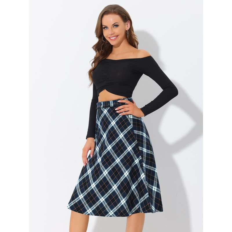 Allegra K Women's Tartan Plaid High Waist Belted Vintage A-Line Midi Skirt, 4 of 8