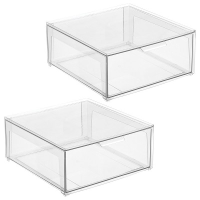 mDesign Plastic Stacking Closet Storage Organizer Bin with Drawer, 2 Pack, Clear