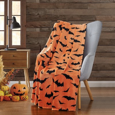 Kate Aurora Halloween Spooky Bats Rustic Orange Black Ultra Soft Plush Throw Blanket 50 in. W x 70 in. L