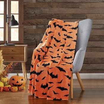 Kate Aurora Halloween Spooky Bats Rustic Orange & Black Ultra Soft & Plush Throw Blanket - 50 in. W x 70 in. L