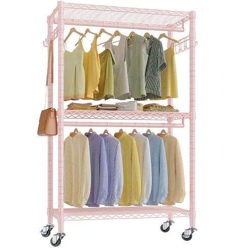 Garment Rack 3 Tiers Heavy Duty Clothes Rack Rolling Free-Standing Clothing  Closet Rack Organizer Storage Shelves with 2 Rods/Lockable Wheels/2 Side