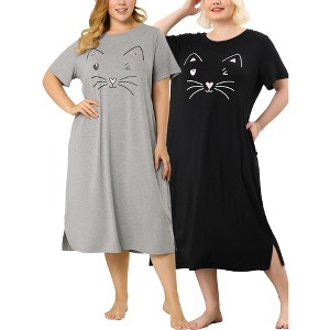 Agnes Orinda Women's Plus Size Cute Cat Print Short Sleeve with Pockets Nightgowns - 1 of 4
