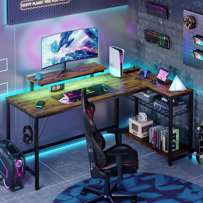Bestier 58" Gaming Desk with LED Lights L Shaped Desk with Power Outlet & Monitor Stand Corner Computer Desk