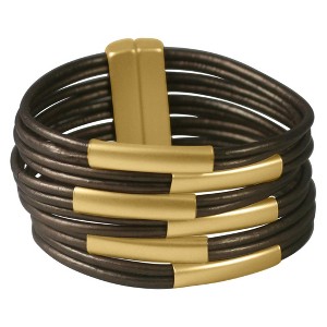 Zirconite Multi-Strand Genuine Leather Cuff Bracelet with Tube Bars - Gold/Brown, Women