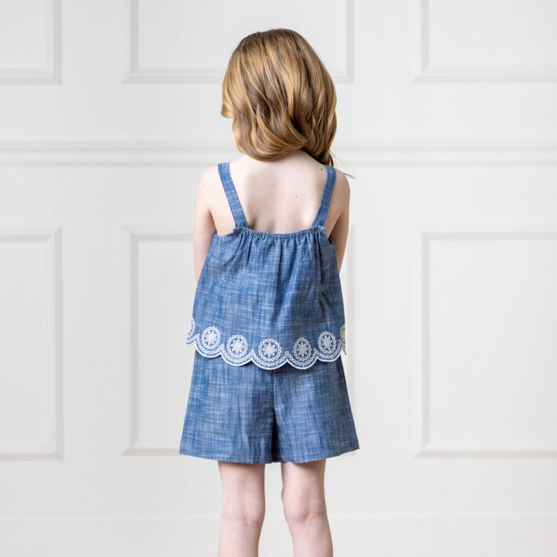 Hope & Henry Girls' Organic Faux Tank Scallop Edge Chambray Romper, Toddler, 4 of 9