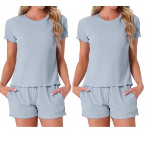 INSPIRE CHIC Women's 4 Pcs Ribbed Knit Soft Short-Sleeve Top & Shorts Ruffled Lounge Pajama Set with Pocket - 1 of 4