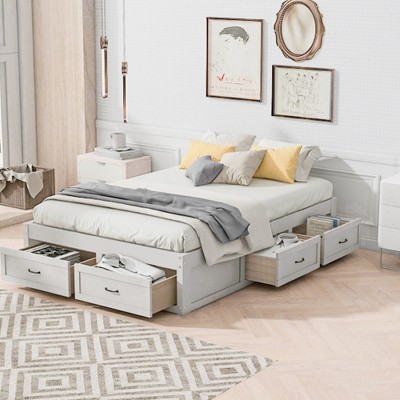 ALEXOUN Wooden Bed Frame with 6 Storage Drawers,Without Headboard Design,Slat Support,No Box Spring Needed,Easy Assembly