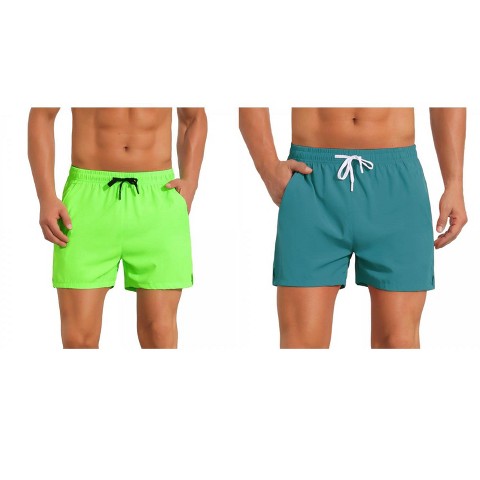 INSPIRE CHIC Men's Summer Elastic Waist Solid Board Shorts with Pockets 2 Packs 1 Lake Blue 1 Light Green 32