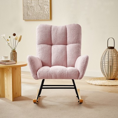 Teddy/Velvet Rocking Chair, Upholstered Accent Glider Chair with Side Pocket and Wood Legs, 4W-ModernLuxe