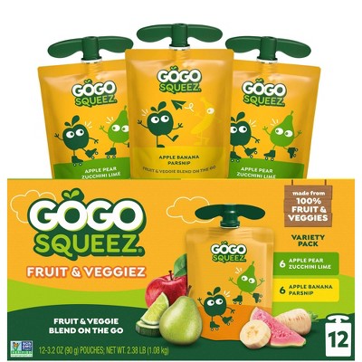 GoGo SqueeZ Fruit & VeggieZ Applesauce and Puree Variety Pack - Apple, Banana, Parsnip & Apple, Pear, Zucchini & Lime - 3.2oz/12ct