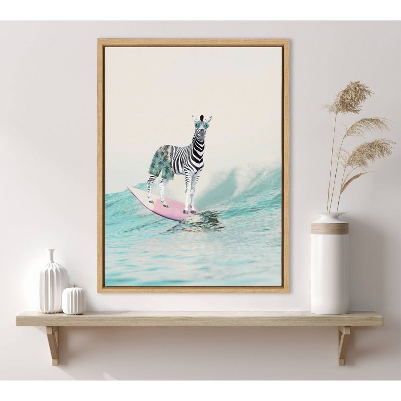 Kate &#38; Laurel All Things Decor 18&#34;x24&#34; Sylvie Zebra Surfer Framed Canvas Wall Art by July Art Prints Natural Modern Zoo Animal Ocean, 3 of 6