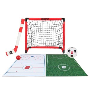 ESPN Soccer Goal and Hockey Goal Combo Set for Kids, Includes Mini Soccer Ball, Hockey Ball, and Mini Hockey Stick - 1 of 4