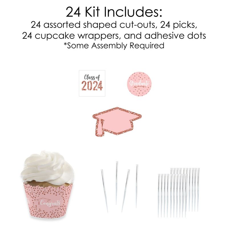 Big Dot of Happiness Rose Gold Grad - Cupcake Decoration - 2024 Graduation Party Cupcake Wrappers and Treat Picks Kit - Set of 24, 5 of 8