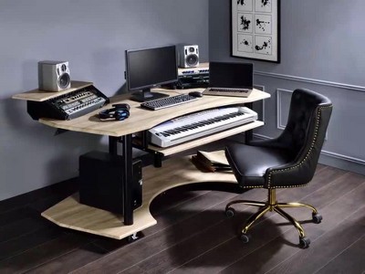 Eleazar Black Oak Studio Desk with Keyboard Tray and Speaker Stands
