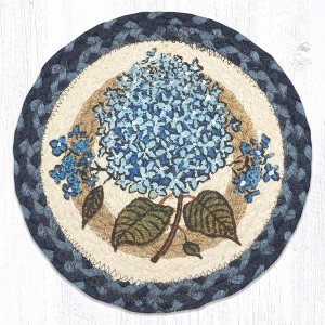 Earth Rugs Blue Hydrangea Round Trivet – 10" Floral Print on Natural Braided Jute Mat - 1 of 3