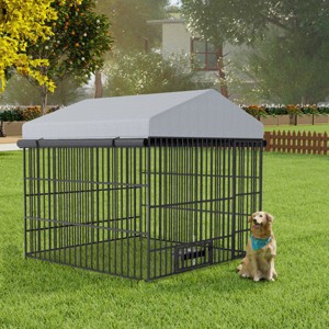 LAOTIES Large Outdoor Dog Kennel,Heavy-Duty Metal Enclosure with Roof,Waterproof Cover,Bowl Rack And 2 Stainless Steel Bowls (6.6' x 6.6' x 6.4') - 1 of 4
