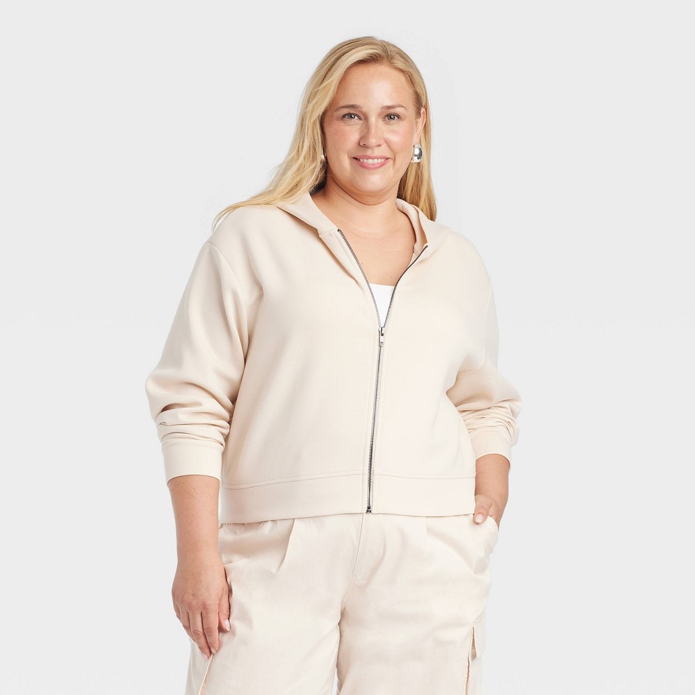 Women's Double Knit Zip Hoodie Sweatshirt - A New Day™ Cream 2X