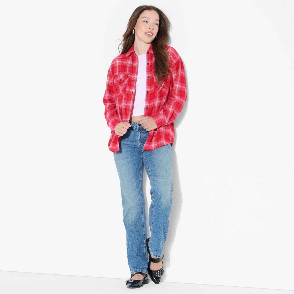 Women's Oversized Long Sleeve Collared Flannel Shirt - Wild Fable™ Burgundy Plaid S