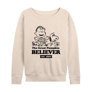 Women's - Peanuts - The Great Pumpkin Believer Lightweight French Terry Wide Neck Long Sleeve Shirt - 1 of 4