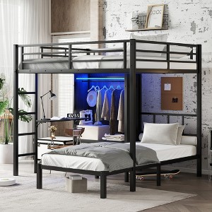 TIRAMISUBEST Full XL Over Twin Metal Bunk Bed - Space-Saving Design with Folding Desk, Built-In Closet & LED Lights, Noise-Reduced, Black - 1 of 4