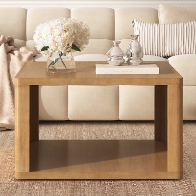 Lyngins 30.8" Square Farmhouse Coffee Table, 2-Tier Storage Center Table, Rustic Wood Finish Tea Table with Half Open Storage Compartment