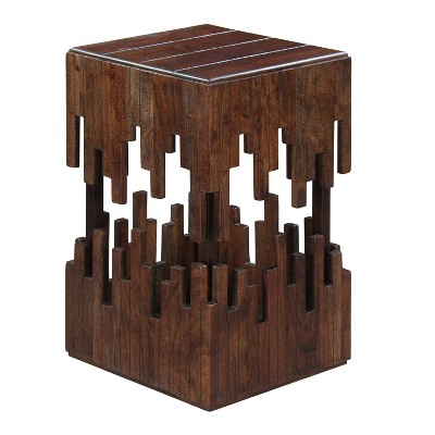 The Urban Port 24" Accent Side End Table Brown Acacia Wood Slatted Square Top Handcrafted Abstract Silhouette Black Iron Brown