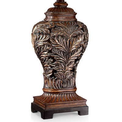 Bronze Carved Leaf Table Lamps with Tan Shades, Set of 2