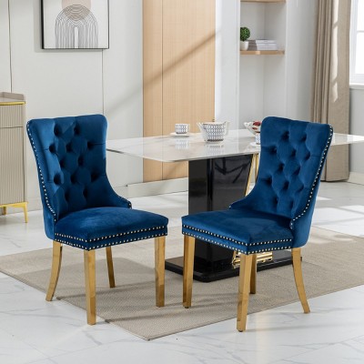 Modern Velvet Tufted Dining Chair Set of 2 with Nailhead Trim and Golden Metal Legs for Dining Room-Baofuwish