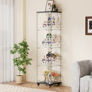 Syemin Decorative Storage Cabinets 4 Tier Glass Display Cabinet, Glass Cabinet with Wheels, Floor Standing Storage Cabinet, Black, 15.8"*14.2"*62.3" - 1 of 4