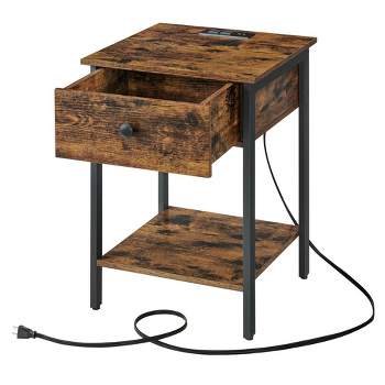 VASAGLE Nightstand with Charging Station, Side Table with Drawer and Open Shelf, End Table, for Bedroom, Rustic Brown and Black