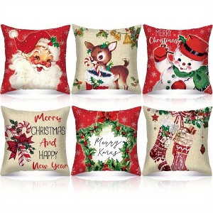 Lomsoe Set of 6 Snowman And Reindeer Christmas Winter Home Decor Pillow Covers, Santa Claus Candy Cane Square Cushion Covers Available. - 1 of 4