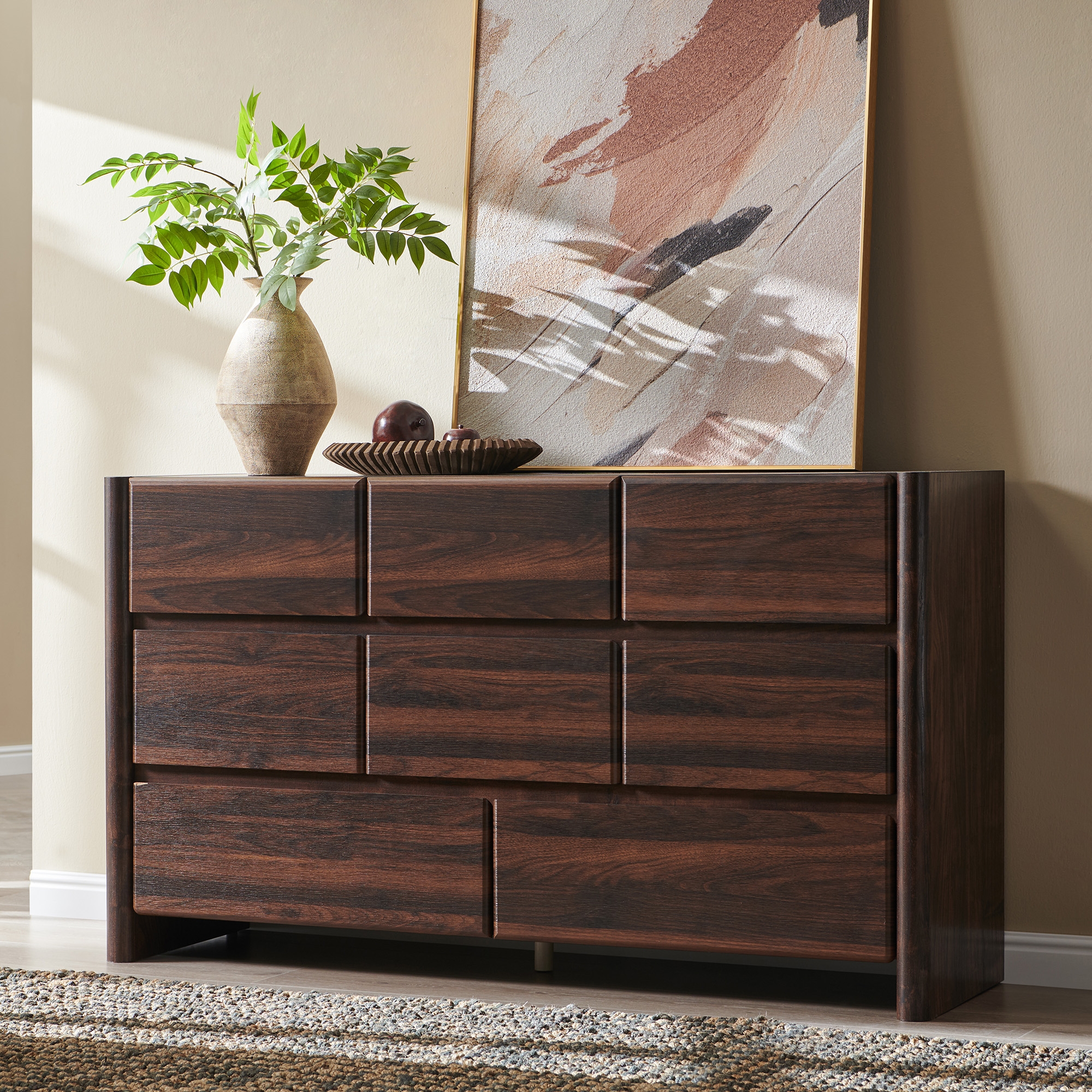 8 Drawers Dresser with Rounded Corner, Modern Wood Wide Chests of Drawers with Handleless, Brown