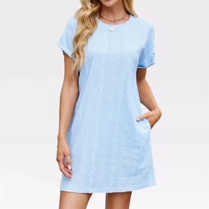 Womens Crew Neck T Shirt Dress Summer Eyelet Embroidery Shift Dress A Line Lounge Dress V Neck Solid Short Sleeve Casual Mini Dress - 1 of 4