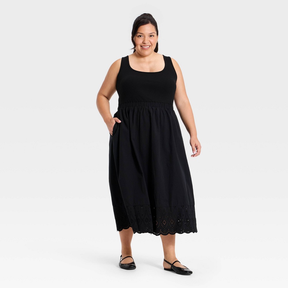 Women's Plus Sleeveless Ribbed Square Neck Midi Summer Dress - Ava & Viv™ Black 3X