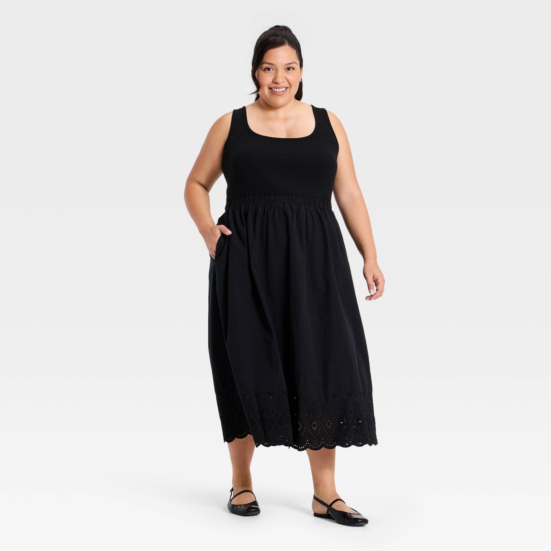 Women's Sleeveless Ribbed Square Neck Midi Dress - Ava & Viv™ Black